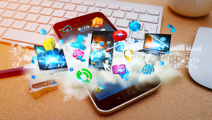 Tech devices and cloud over modern mobile phone