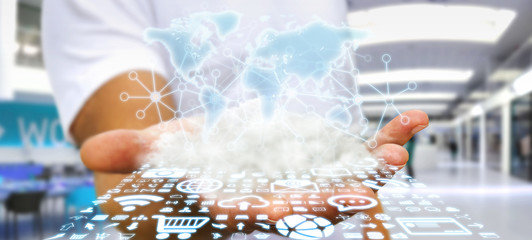 Businessman holding world and cloud