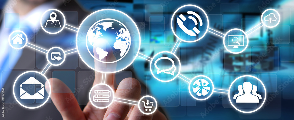Poster businessman using digital tactile screen interface with web icon