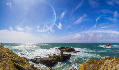 View of distant planet system from cliffs