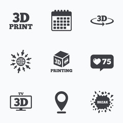 3d technology icons. Printer, rotation arrow.