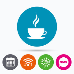 Coffee cup sign icon. Hot coffee button.