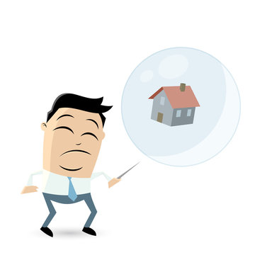 concerned businessman with house in a soapbubble and a needle
