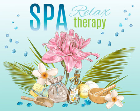 Spa banner with pink lotus, frangipani and palm leafs .Design for cosmetics, store,spa and beauty salon.Vector illustration