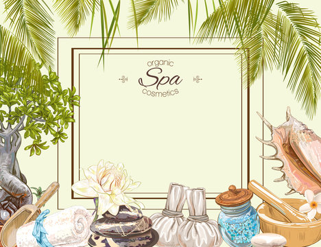 Tropic style spa treatment colorful frame with lotus,shells, frangipani and stones .Design for cosmetics, store,spa and beauty salon,natural and organic health care products. Vector illustration.