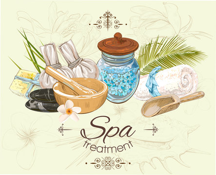 Spa treatment banner on graphic background.Design for cosmetics, store,spa and beauty salon, organic health care products. Can be used as logo design. Vector illustration.