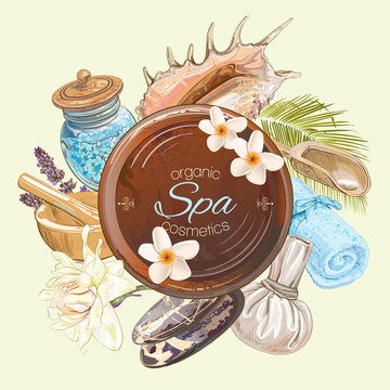 Spa treatment round banner with lotus,shells, frangipani and stones.Design for cosmetics, store,spa and beauty salon, organic health care products. Can be used as logo design. Vector illustration.