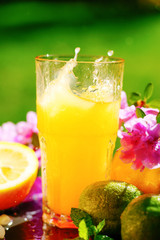 Juice with splashes and fruits