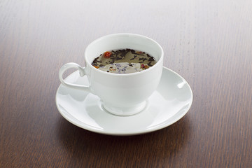 teacup and saucer over wooden surface