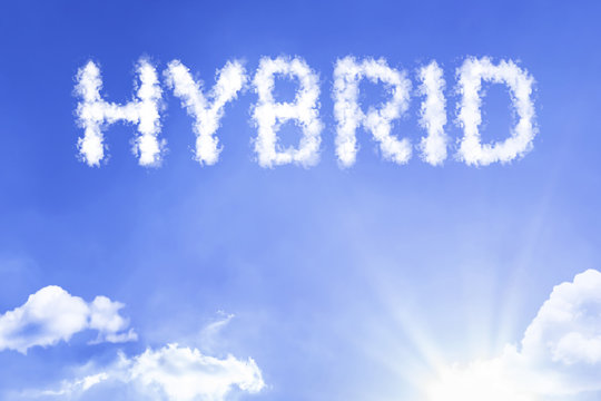 Hybrid cloud word with a blue sky