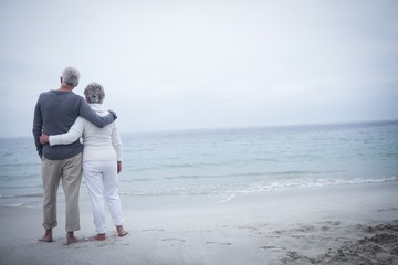 Rear view of senior couple embracing on beach - 110367499
