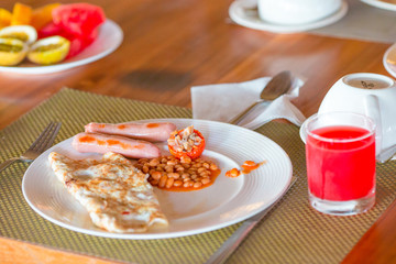Healthy tasty breakfast on table in outdoor cafe