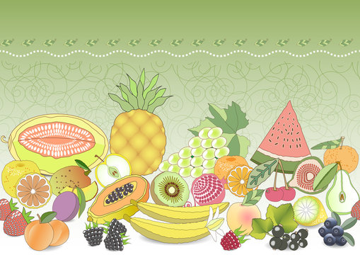 horizontal seamless pattern set fruit on ornamental beige background with a bow. vector illustration