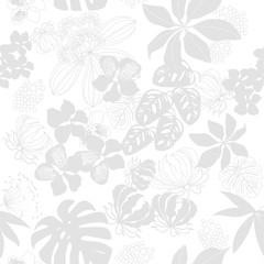 . gray seamless pattern tropical flowers on white background.vector illustration