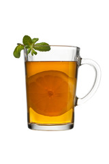 image of a mug of apple juice with lemon slice and peppermint on top.