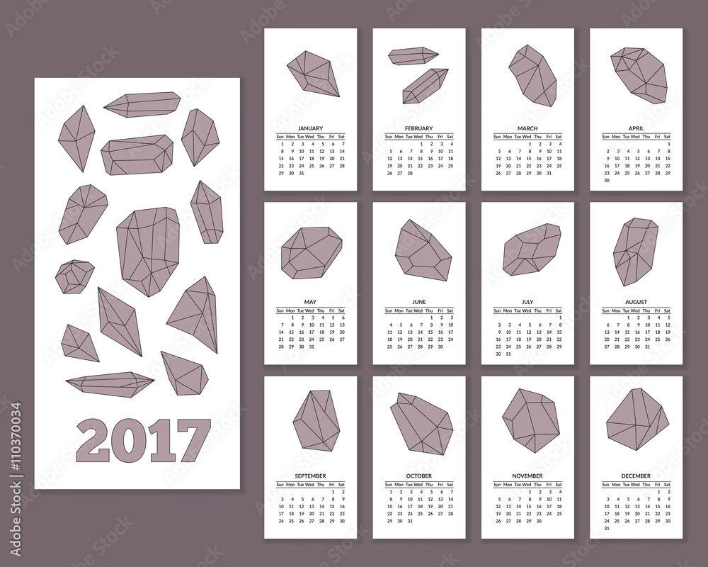 Fototapete monthly wall calendar for year 2017 with geometric polygonal crystals in flat style isolated on whit