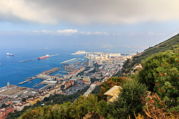 View of the sea/ocean and city of Gibraltar from the top of the rock