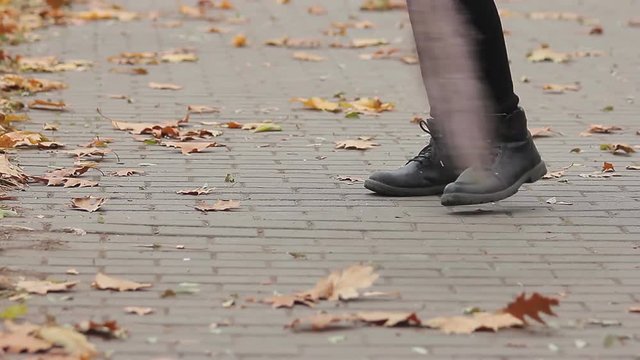 Feet of street cleaner sweeping autumn park, person working hard for low wage