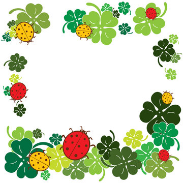 Ladybugs and clover leaves frame. Flat style vector illustration.
