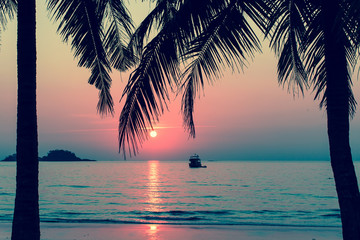 Naklejka na ściany i meble Beautiful bloody sunset on a tropical beach, palm trees silhouettes.