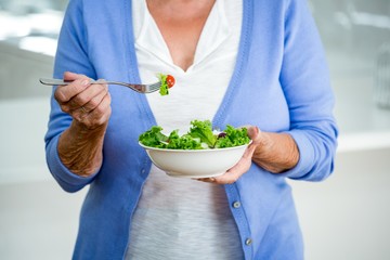 Mid section of senior woman eating salad - Powered by Adobe