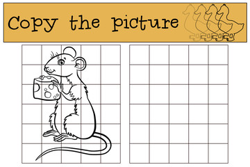 Children games: Copy the picture. Little cute mouse holds a chee