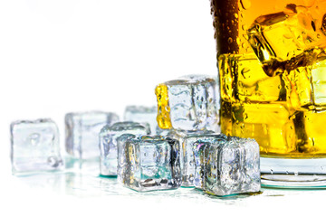 Closeup misted on glass of whiskey and ice