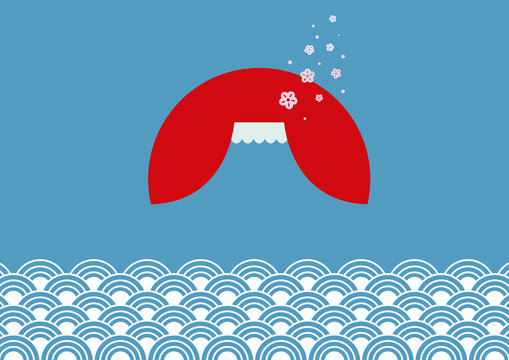 Fuji mountain and red sun background with Japan element sign