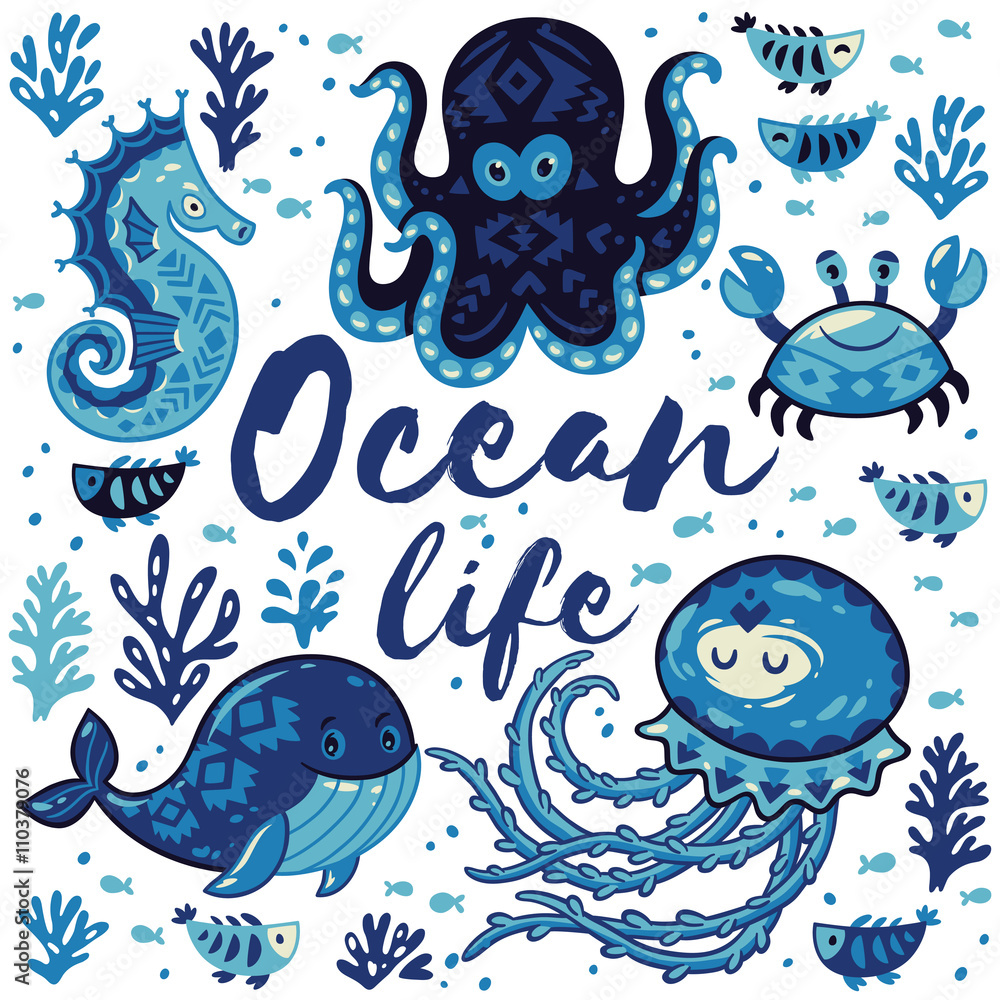 Wall mural Ocean life. Lovely card with cute animals in nautical style