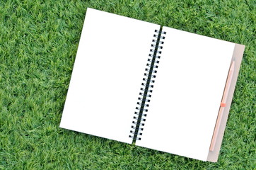 Blank sketchbook and pencil on green grass,writing idea concept.