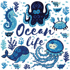 Ocean life. Lovely card with cute animals in nautical style