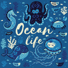 Ocean life. Lovely card with cute animals in nautical style