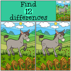 Children games: Find differences. Cute donkey stands and smiles