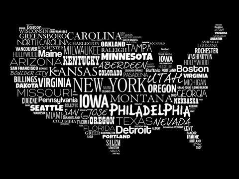 USA Map word cloud with most important cities