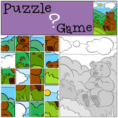 Children games: Puzzle. Little cute bear sits on the grass and l