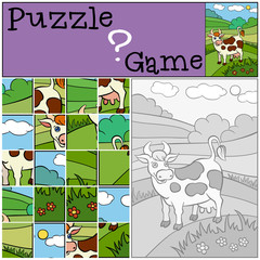 Children games: Puzzle. Cute spotted cow stands on the field and