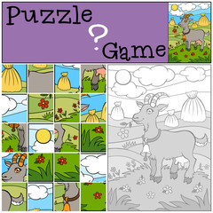 Fototapeta premium Children games: Puzzle. Little cute goat stands on the field and