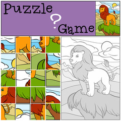 Naklejka premium Children games: Puzzle. Cute beautiful lion stands on the hill a