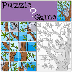 Children games: Puzzle. Little cute koala sits on the tree and h