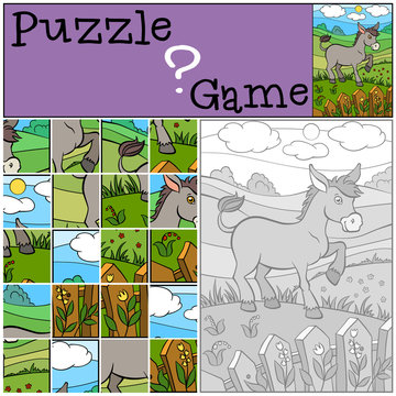 Children games: Puzzle. Little cute donkey stands on the field n