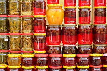 Fototapeta na wymiar jars of jam. Jam made from cones. Georgian tourism market souven
