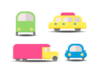 Set of different vector cars in flat style. Bus, taxi, van and passenger car