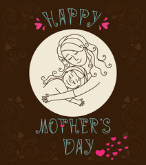Happy mother's day card.Mother and daughter in love inside round. Mother and baby.Mother and baby hug.Mother's day.Vector illustration. Hand drown letter.