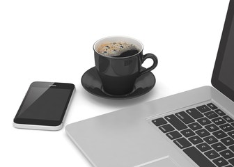 Obraz na płótnie Canvas Laptop smartphone and coffee cup on white. 3d rendering.
