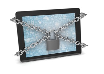 tablet PC with chains and lock isolated on white background. 3d rendering.