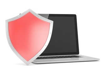 Laptop and shield on white, computer security concept. 3d rendering.