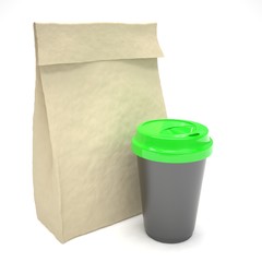 Coffee to go and lunch bag, on white. 3d rendering.