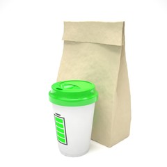 Coffee to go and lunch bag, on white. 3d rendering.