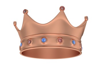 Bronze royal crown with blue and red gems on white. 3D rendering.