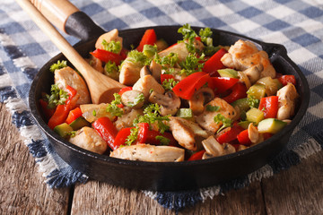 fried chicken with mushrooms, onions, peppers close up on a pan. horizontal
